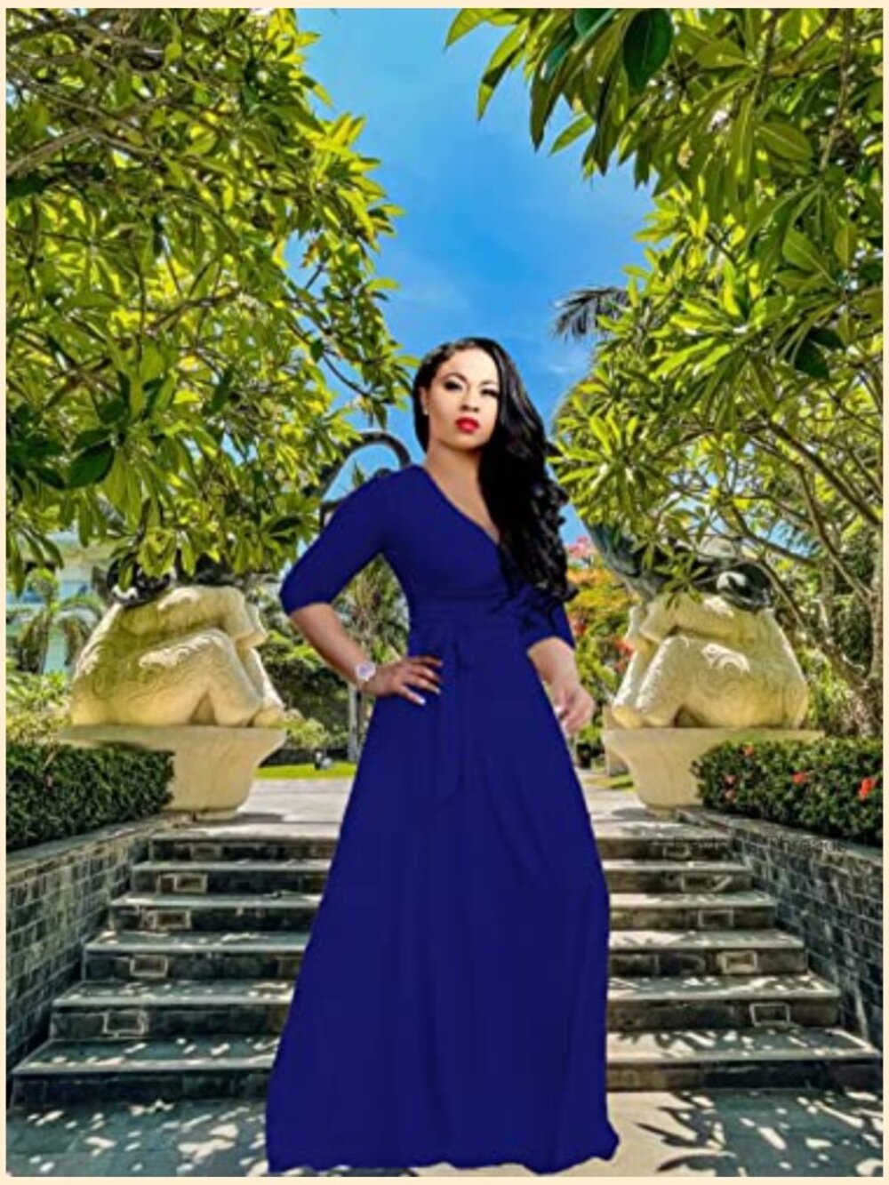 Plus Size Maxi Dress 3/4 Sleeve Wrap V-Neck Sundress with Pockets - Picture 6 of 6